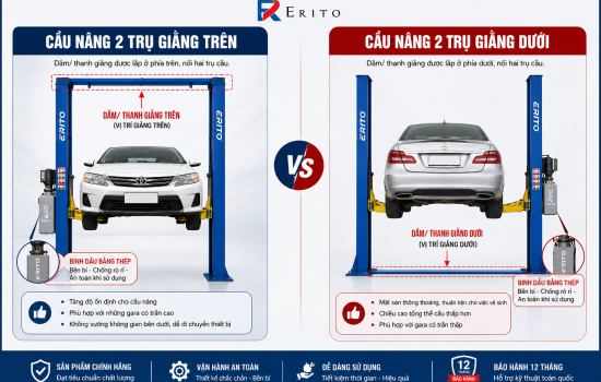 Cầu nâng 2 trụ giằng trên hay giằng dưới?